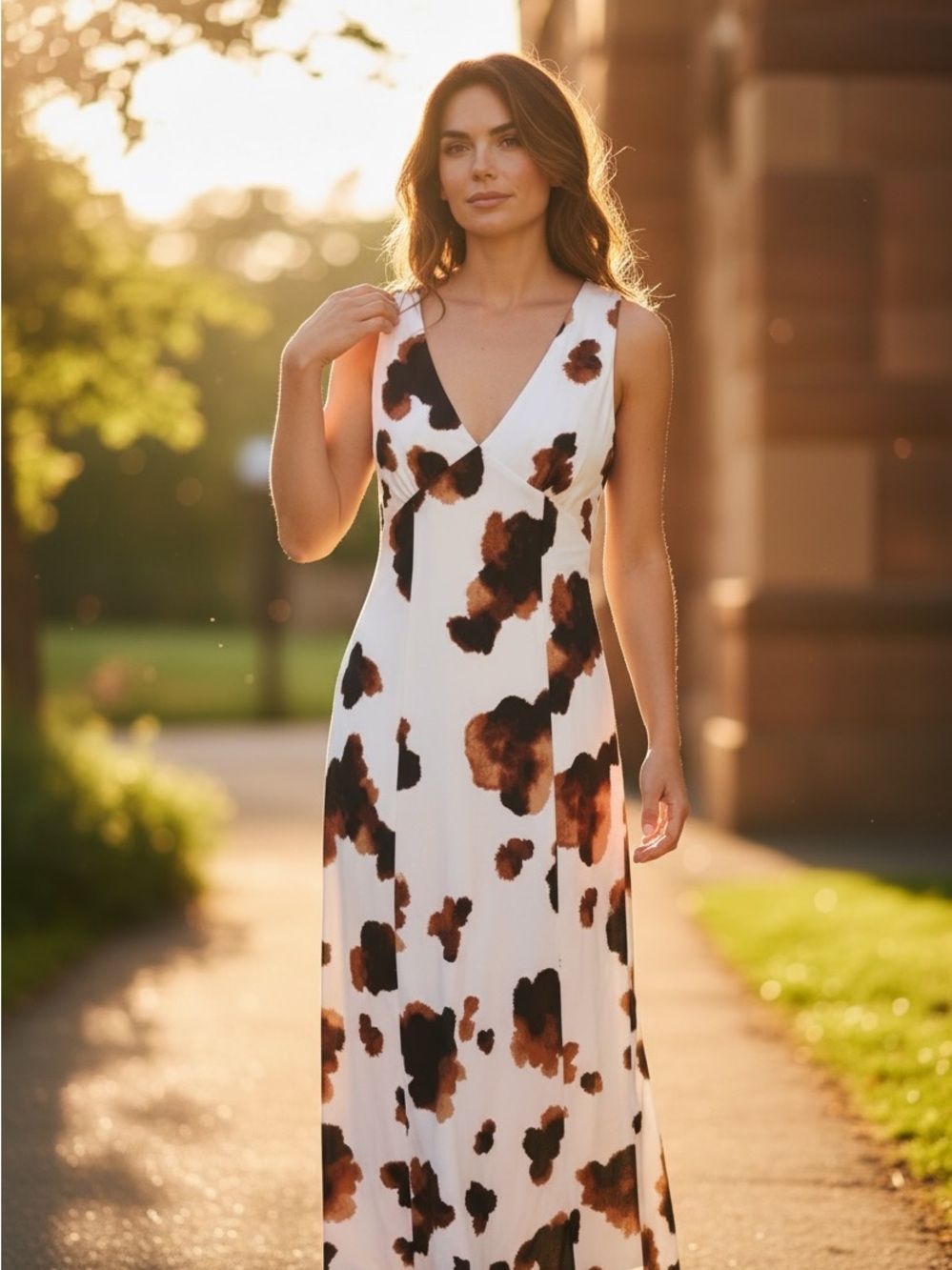 Cow Print Linen Blend Midi Dress | Coastal Cowgirl Western Boho Dress 🤎